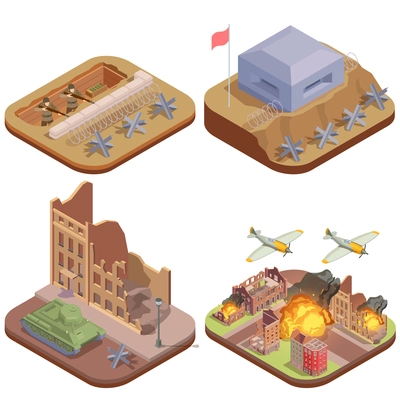 WWII military vehicles bombing the ruined city isometric vector illustration