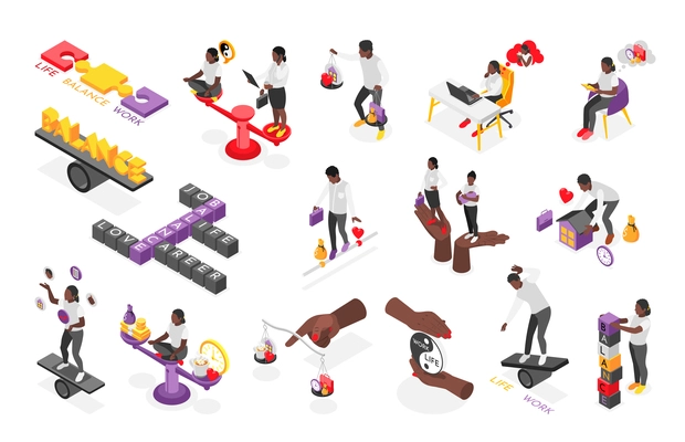 Balancing in life between family work love isometric concept icons set isolated on white background 3d vector illustration