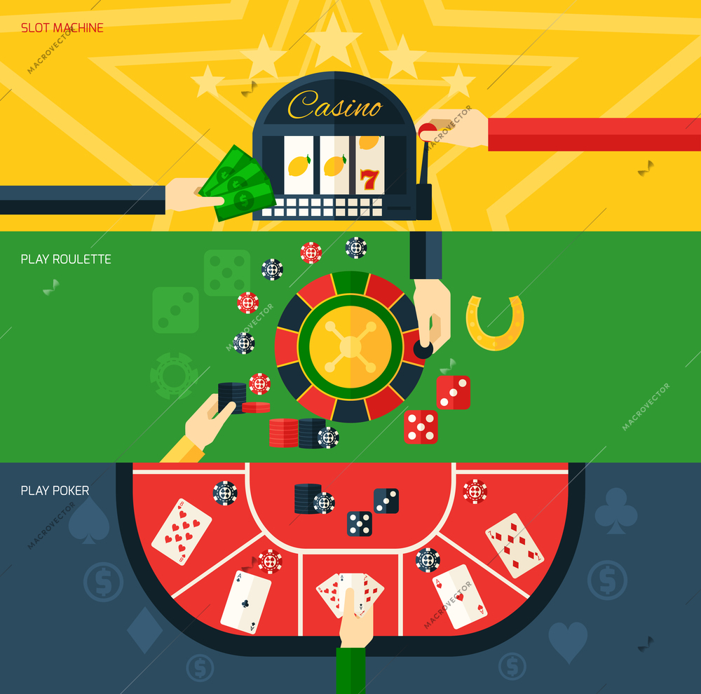 Casino flat horizontal banner set with slot machine play poker and roulette elements isolated vector illustration