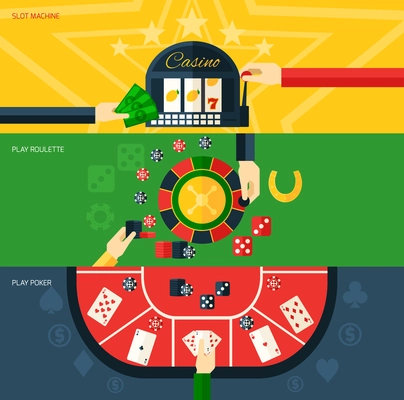 Casino flat horizontal banner set with slot machine play poker and roulette elements isolated vector illustration