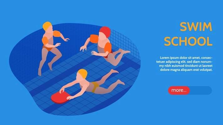 Isometric swimming pool horizontal banner with three children swimming and swim school headline vector illustration