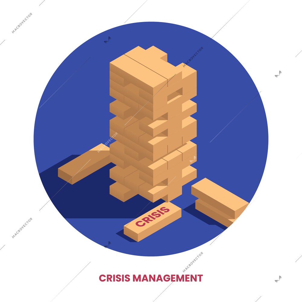 Crisis management isometric concept with jenga puzzle vector illustration