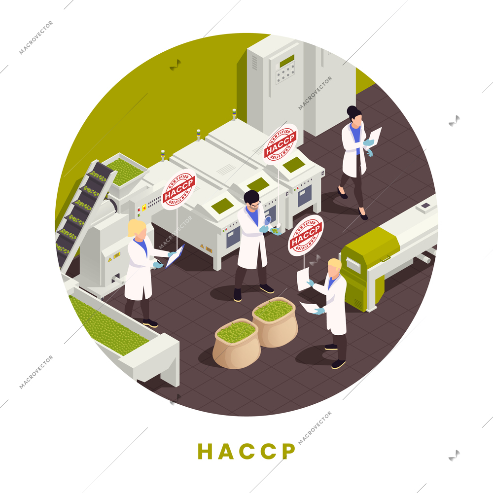 HACCP food safety concept with lab workers inspecting production line isometric vector illustration