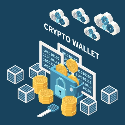 Isometric crypto wallet security composition with 3d coins lock clouds access key 3d vector illustration