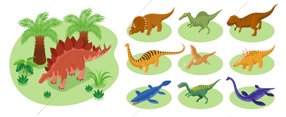 Isometric dinosaurs big set with isolated colored icons of prehistoric reptiles with exotic plants trees scenery vector illustration