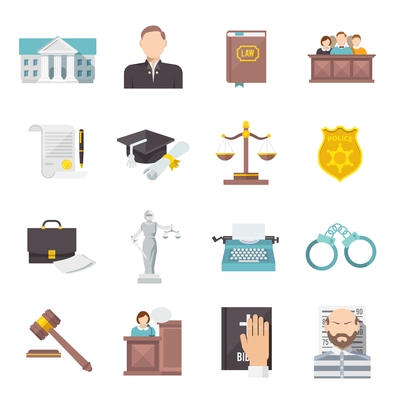 Law and judgment legal justice icon flat set isolated vector illustration