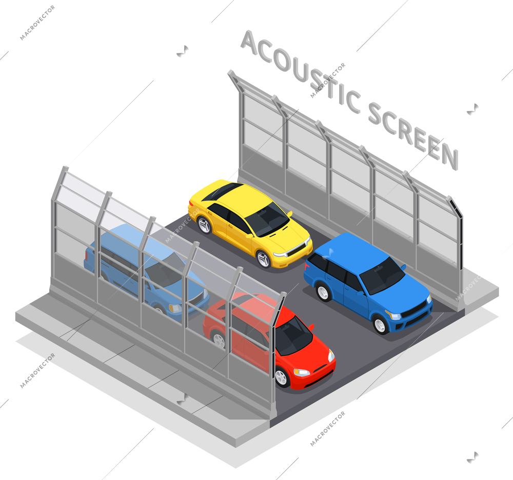 Noise pollution isometric concept with cars on the road and acoustic screen vector illustration