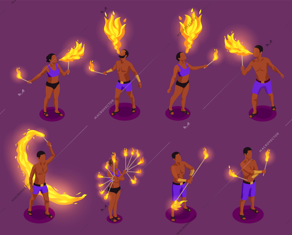 Male and female fire show performers isometric set isolated vector illustration