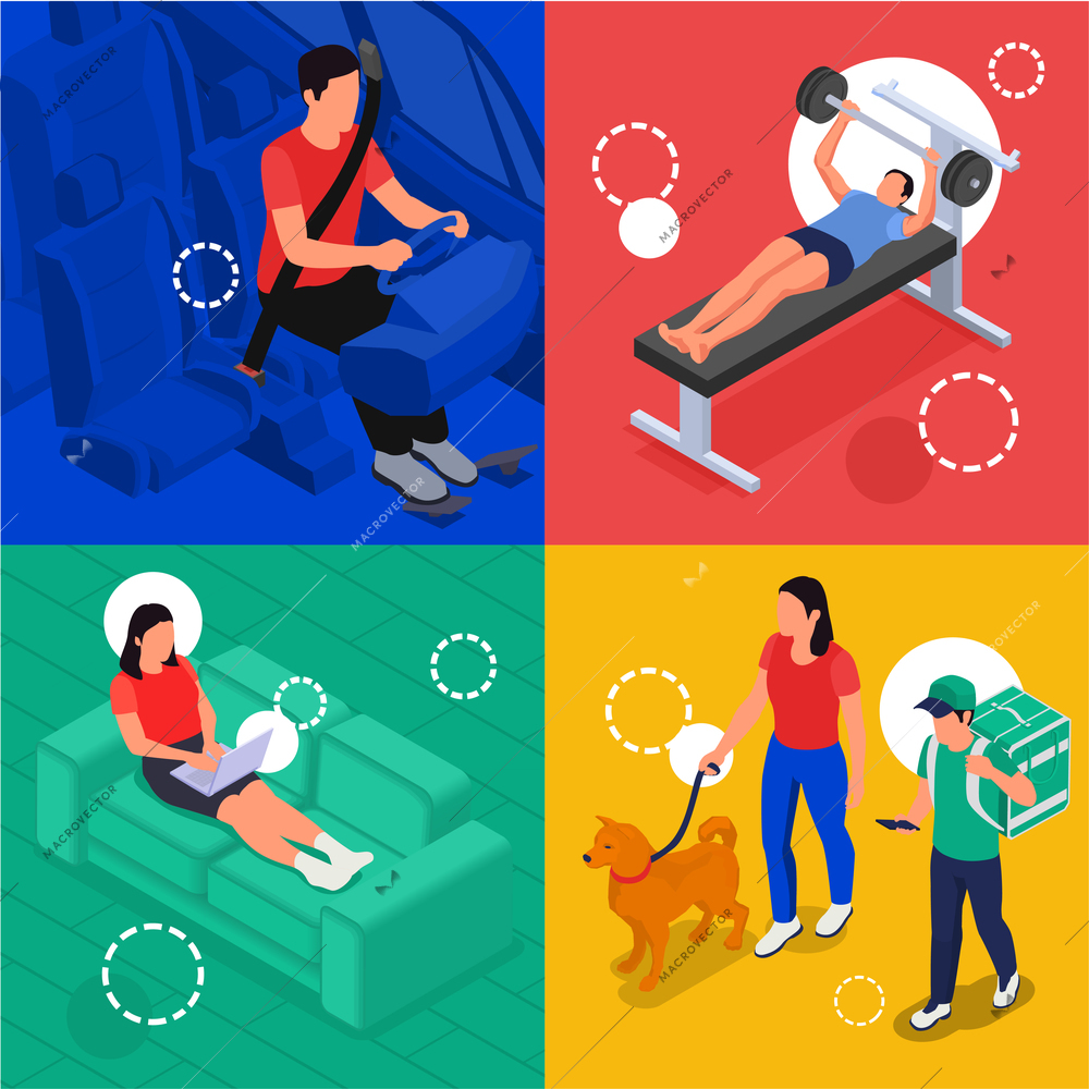 Physical activity isometric 2x2 set with active and sedentary living people isolated vector illustration