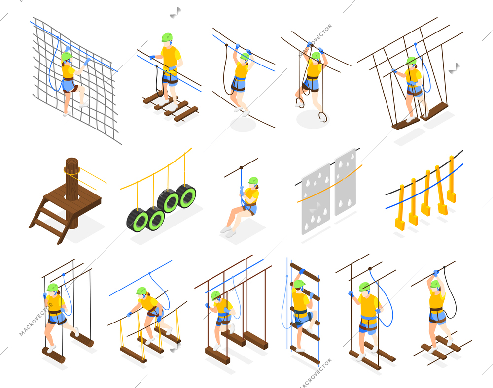 Outdoor activity park isometric icons set of people walking through ropewalk obstructions isolated vector illustration