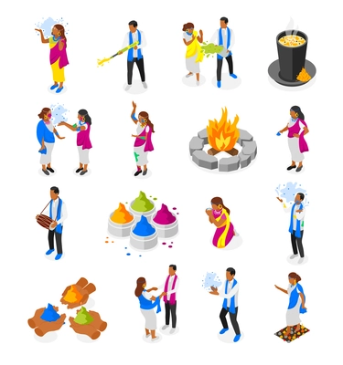 Holi isometric color icons set of indian people celebrating national holiday of spring and colors isolated vector illustration