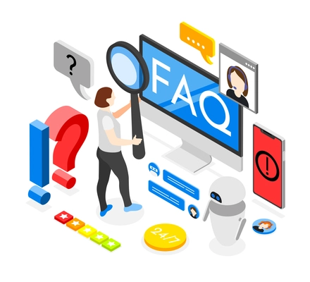 Customer support isometric composition with women looking through magnifying glass at screen with FAQ letters vector illustration