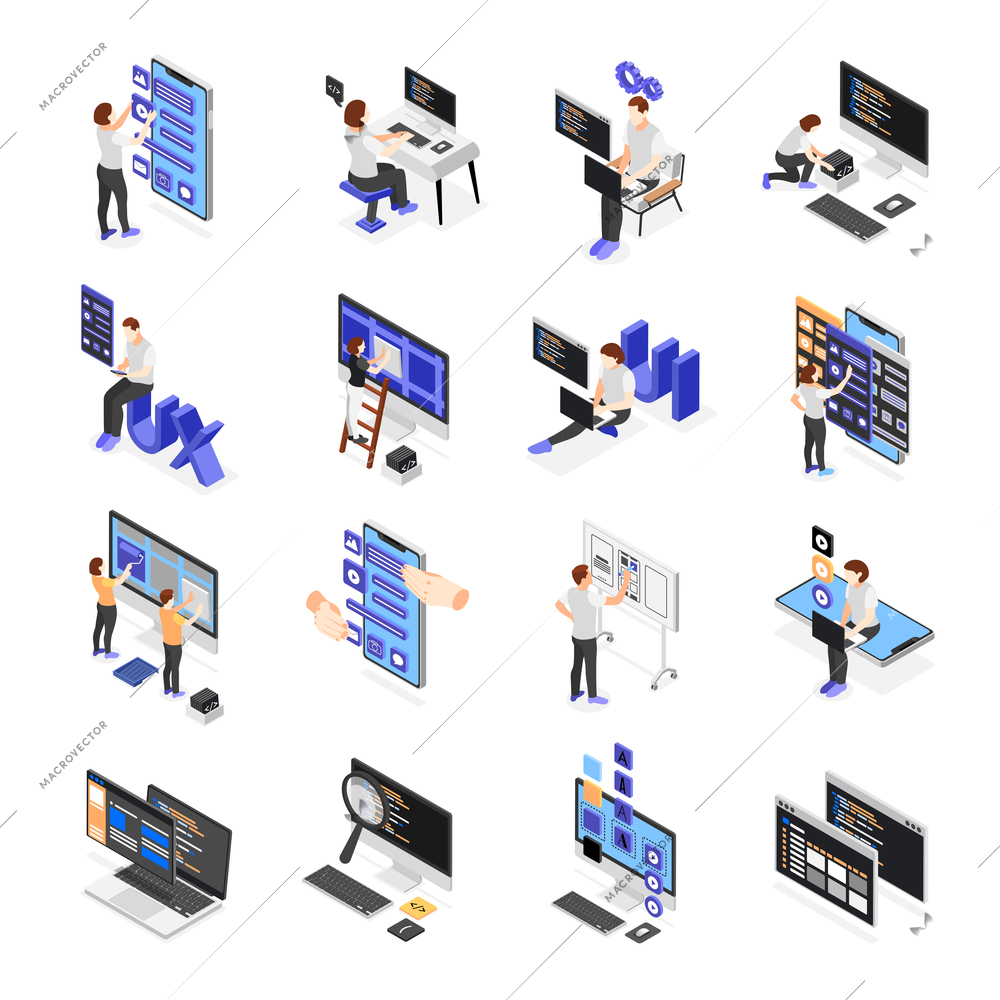 User interface development of website and mobile app isometric set with people creating new forms isolated vector illustration