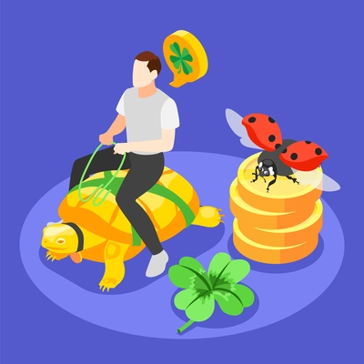 Lucky symbols colored background with male character sitting astride turtle ladybug on stack of coins and four leaf clover vector illustration