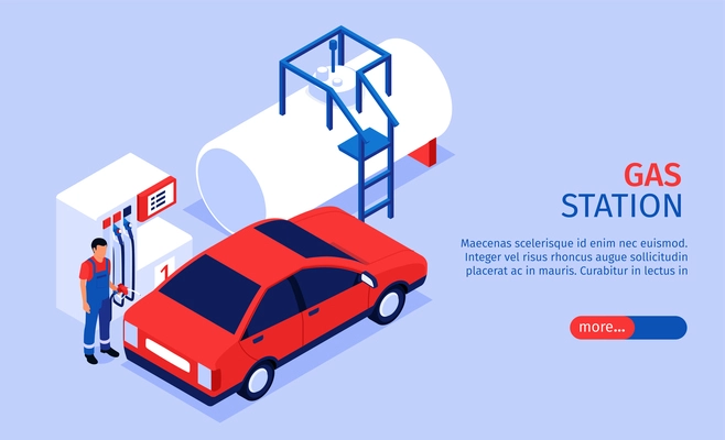 Isometric gas station horizontal banner with oil tank and car with worker and editable text button vector illustration