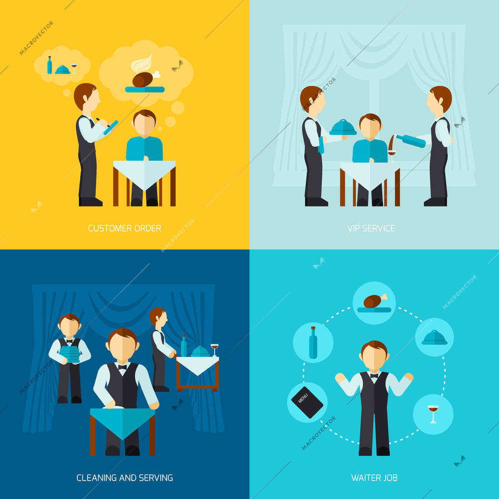 Waiter man job design concept with customer order vip service cleaning and serving icon flat set isolated vector illustration