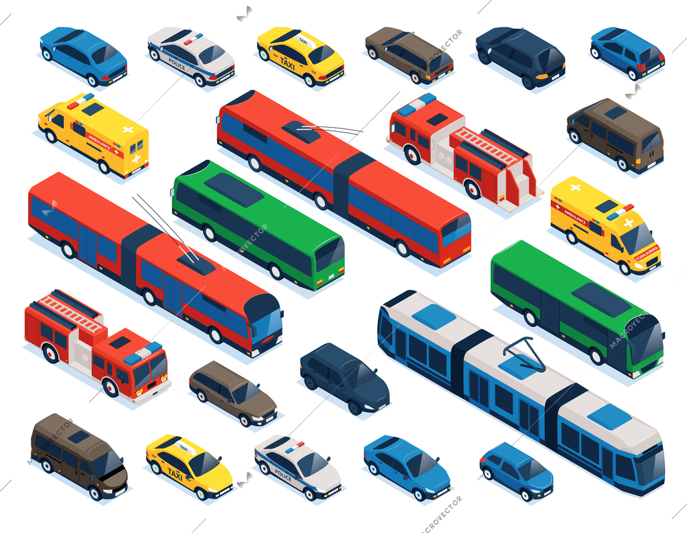 Isometric public transport color set with isolated icons of service vehicles and cars on blank background vector illustration