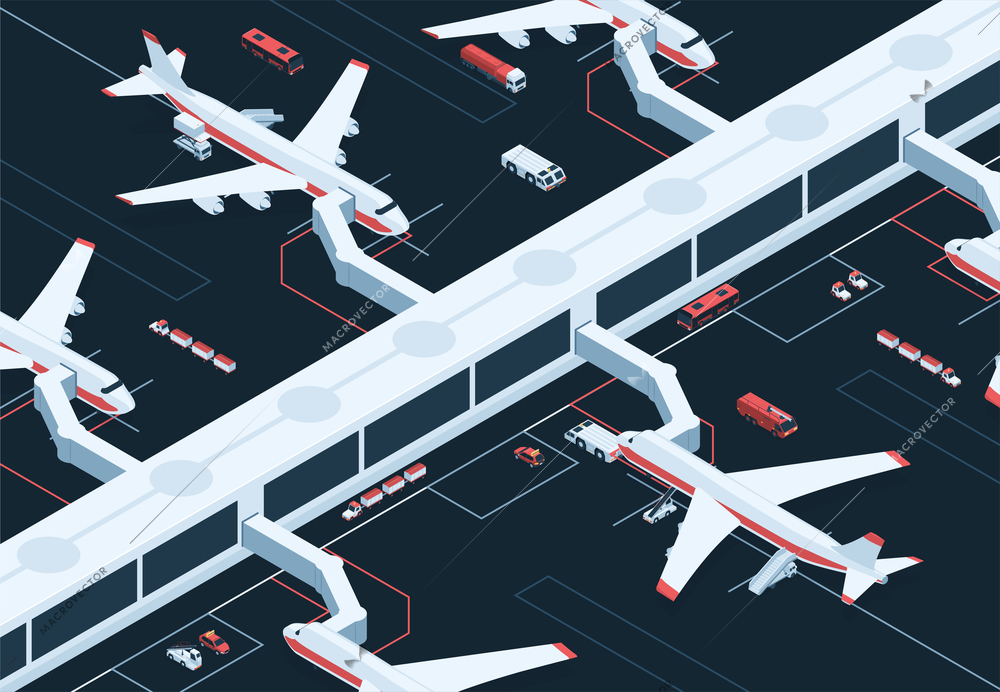 Isometric airport transport composition with outdoor view of airplanes connected to airport buildings with service vehicles vector illustration