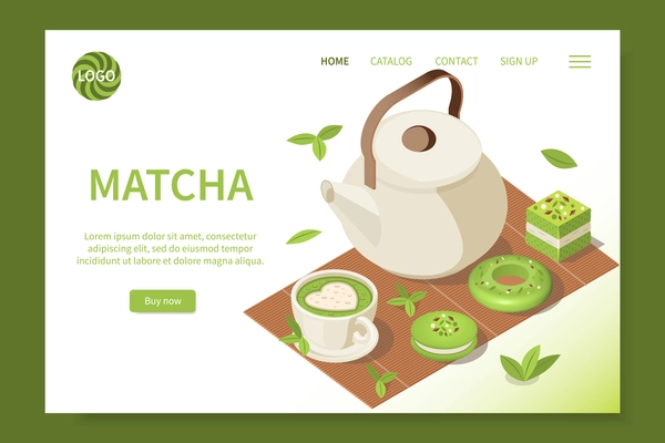 Matcha isometric web site landing page with view of tea set with editable text button links vector illustration