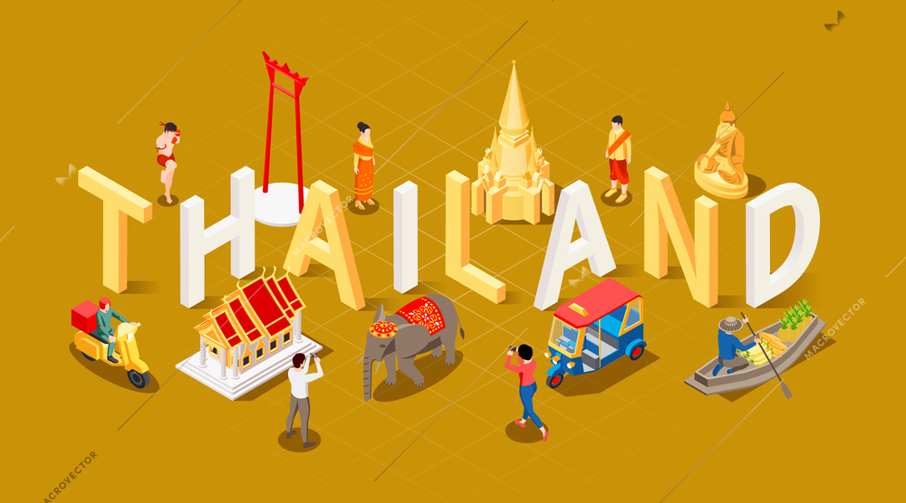 Thailand touristic isometric composition with 3d text surrounded by thai locals traditional transport buildings and tourists vector illustration