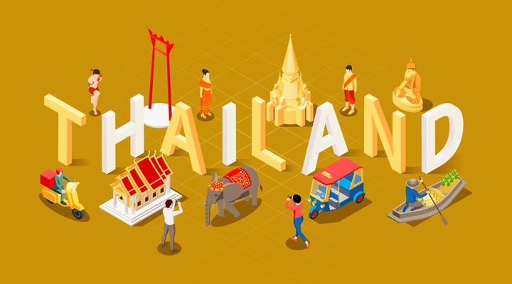 Thailand touristic isometric composition with 3d text surrounded by thai locals traditional transport buildings and tourists vector illustration