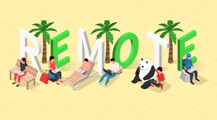 Digital nomads isometric composition with 3d text and icons of palm trees with people holding laptops vector illustration