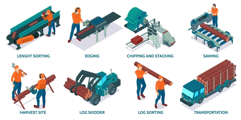 Isometric sawmill lumberjack compositions with icons of log sorting edging with people and editable text captions vector illustration