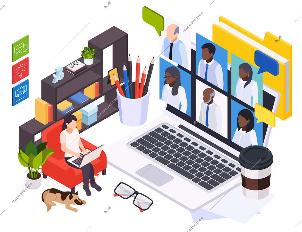 Online conference isometric background with doctors discussing problems of modern medicine remotely vector illustration