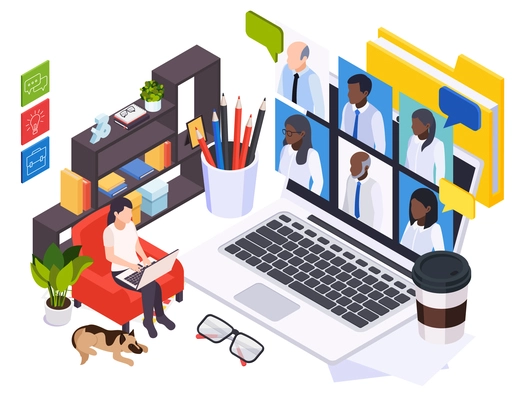 Online conference isometric background with doctors discussing problems of modern medicine remotely vector illustration