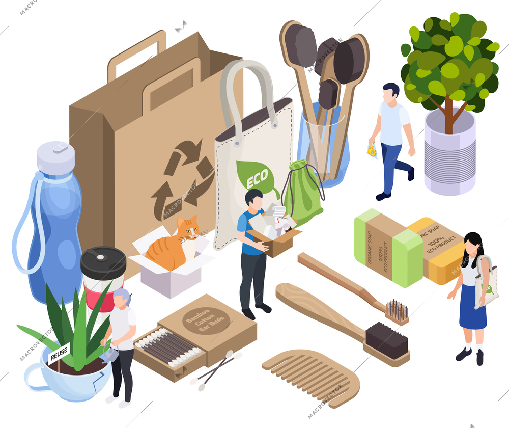 Sustainable living zero waste isometric background with wooden appearance care items natural soap peaces paper and cotton bag vector illustration