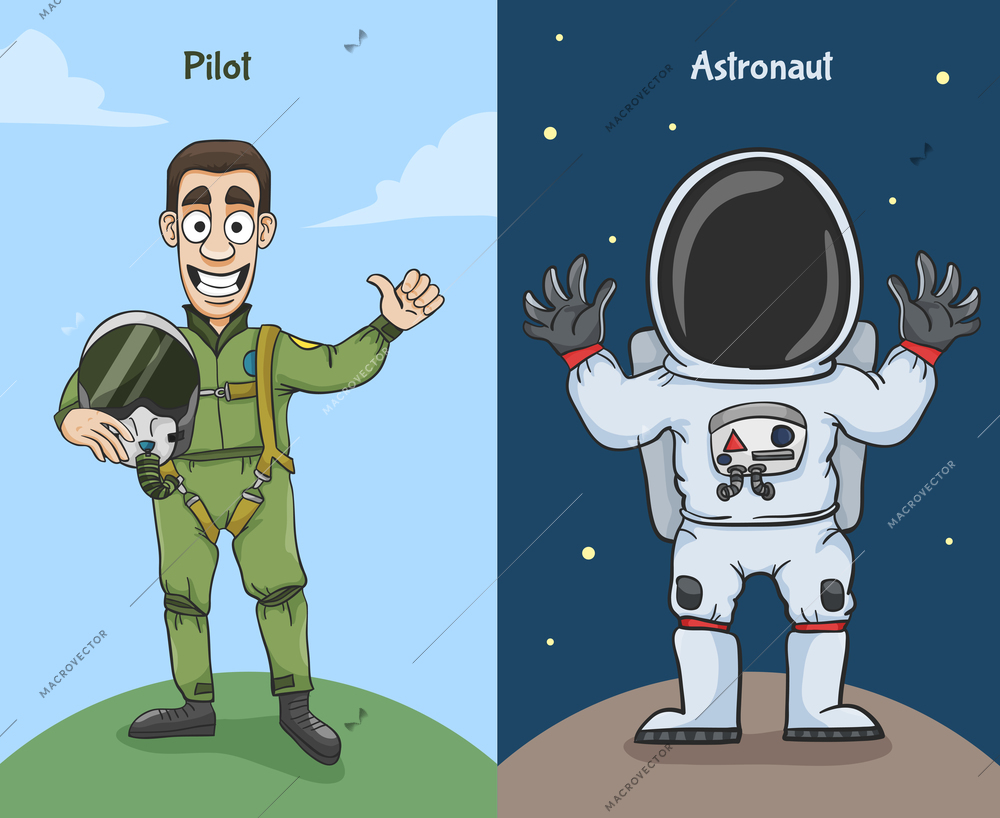 Astronaut in space suit and pilot thumbs up characters vector illustration