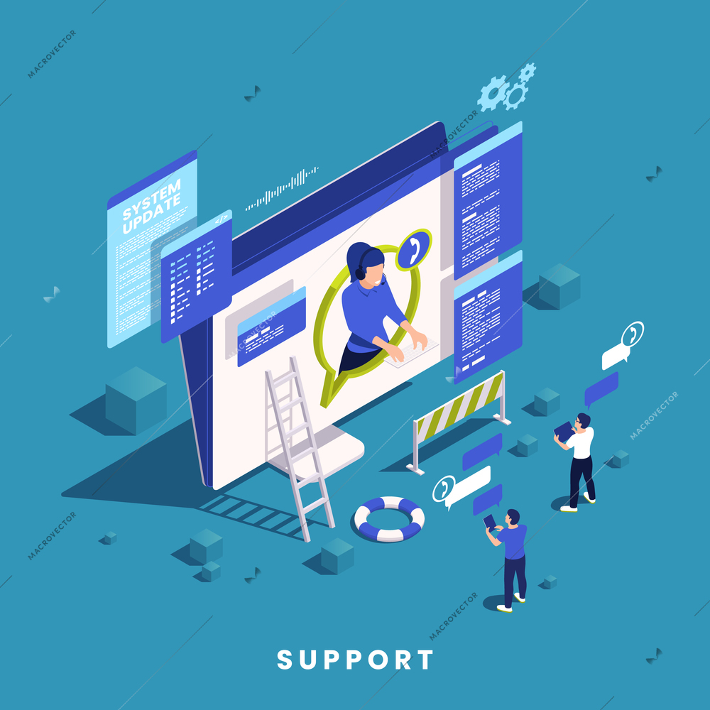 Technical support concept with computer monitor and customers communicating with female operator 3d isometric vector illustration