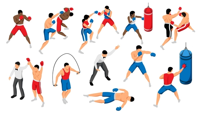 Isometric boxing set of isolated icons with characters of fighting athletes with referree and gymnastic apparatus vector illustration