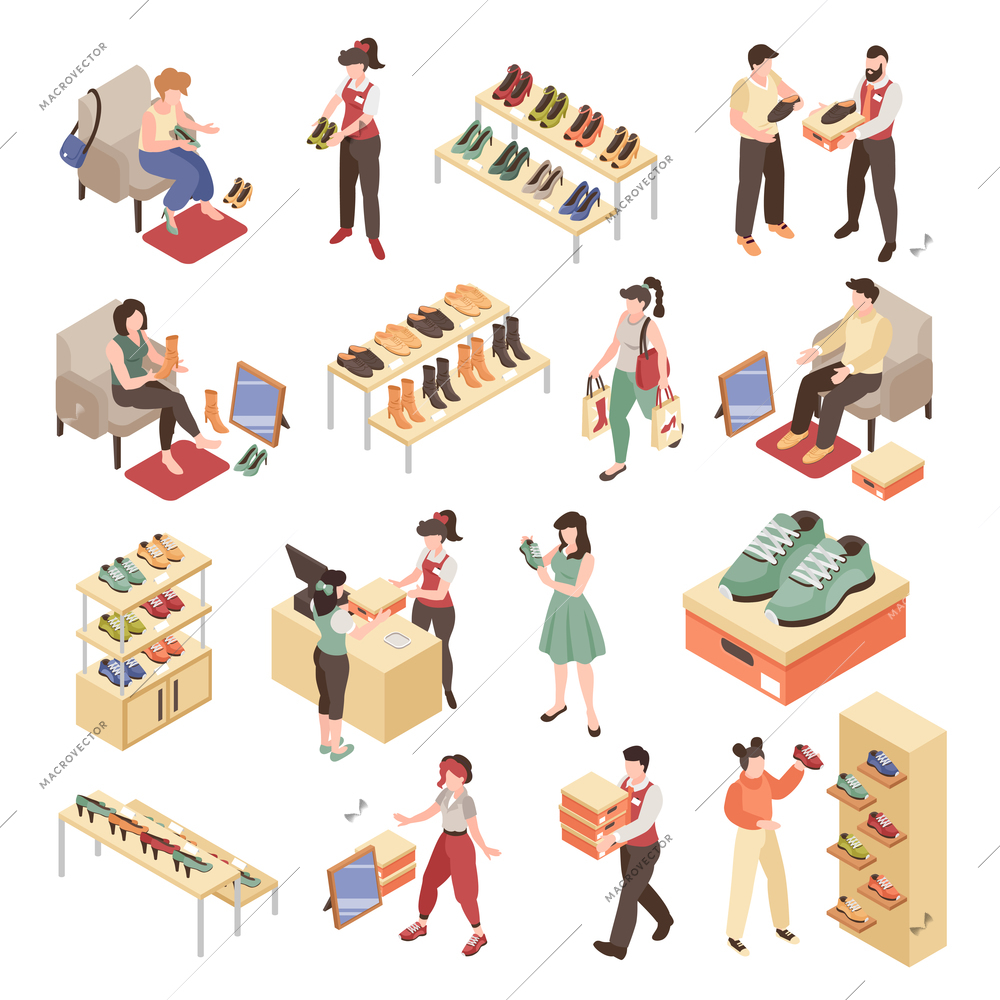 Shop assistants helping customers choose footwear in shoe store isometric set 3d isolated vector illustration
