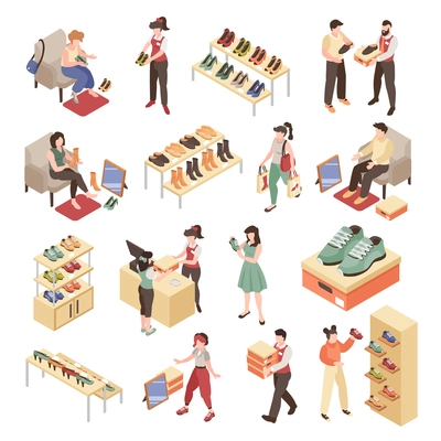 Shop assistants helping customers choose footwear in shoe store isometric set 3d isolated vector illustration