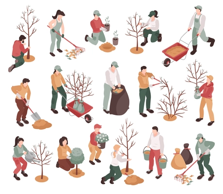 Isometric set with people doing gardening in spring raking dry leaves planting trees digging ground 3d isolated vector illustration
