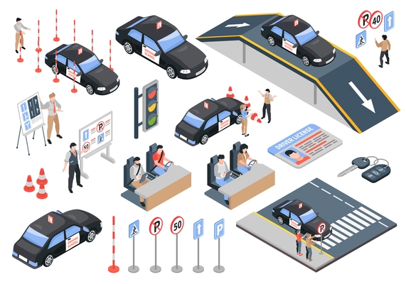 Isometric driving school color icon set black cars driving simulators traffic lights and road signs education vector illustration