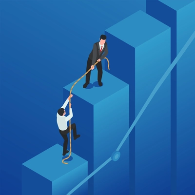 Leadership infographic composition with isometric bar chart scenery and climbing businessman pulling up mate with rope vector illustration