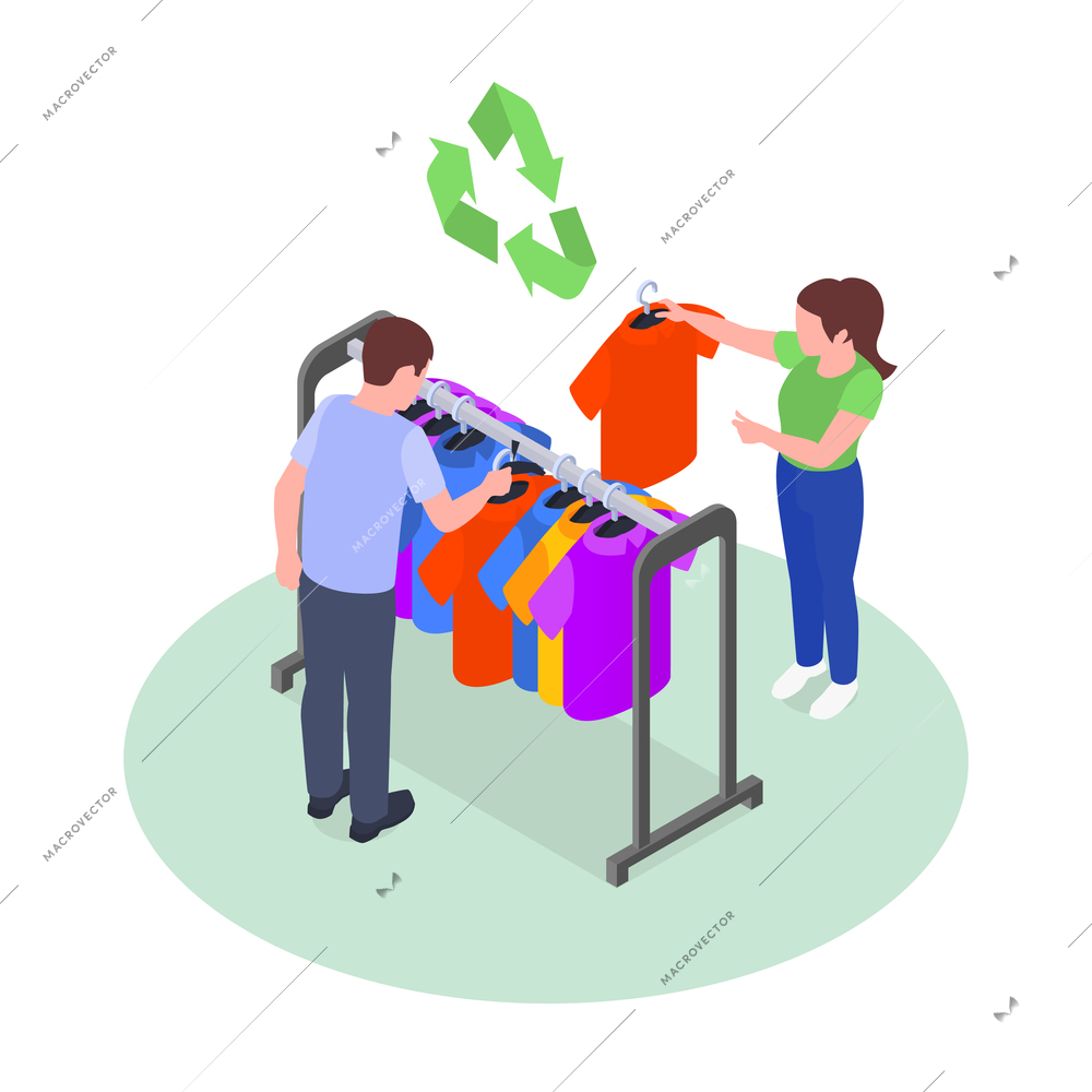 Fast fashion problems isometric infographic composition with recycling sign and couple fitting shirts hanging on rail vector illustration