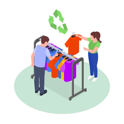 Fast fashion problems isometric infographic composition with recycling sign and couple fitting shirts hanging on rail vector illustration