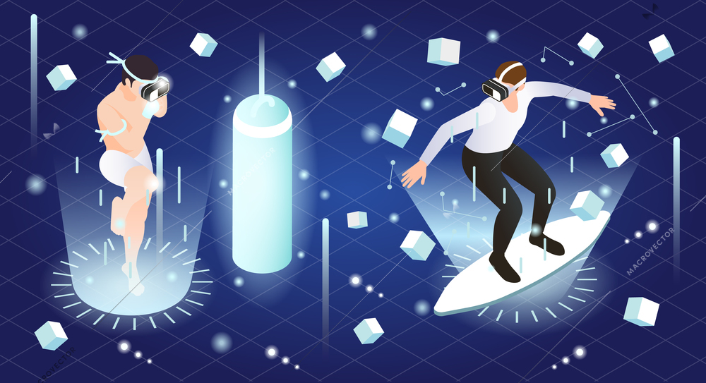 Vr metaverse isometric composition man wearing virtual reality goggles flies on board in weightlessness vector illustration