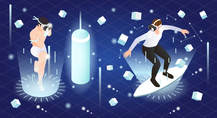 Vr metaverse isometric composition man wearing virtual reality goggles flies on board in weightlessness vector illustration