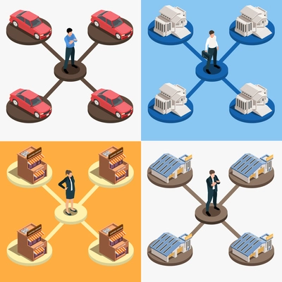 Four square franchise isometric icon set with people and four identical cars of the building store and coffee house vector illustration