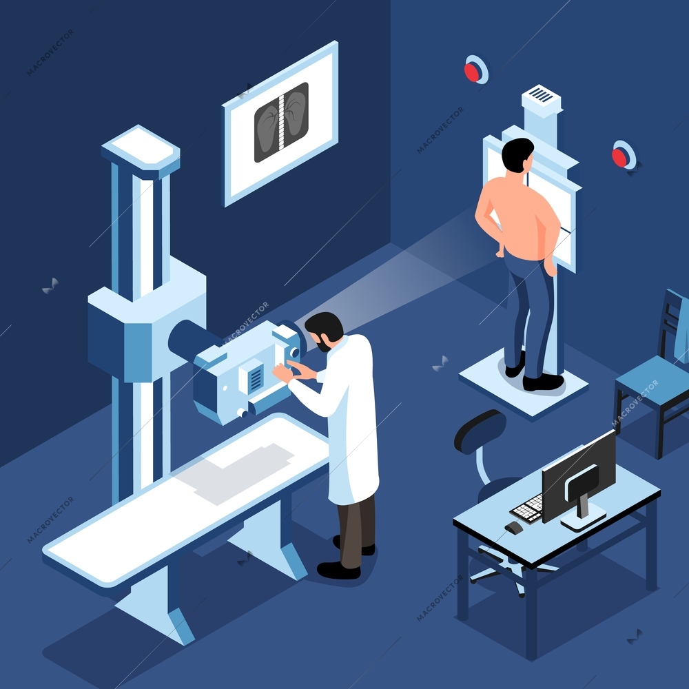 Colored scan diagnostic concept the patient is X rayed in specially equipped room vector illustration