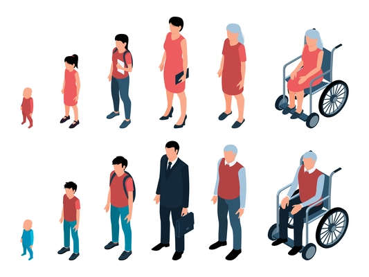 Human generations isometric set of men and women life cycles from newborn to elderly age isolated vector illustration