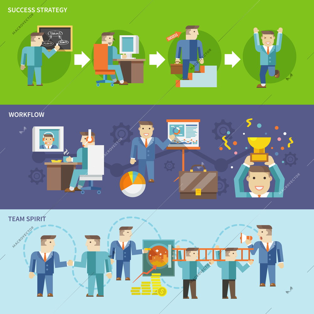 Businessman working flat banner set with success strategy workflow team spirit isolated vector illustration