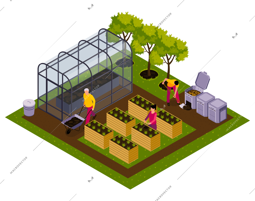 Farm work isometric composition with farmers preparing soil mixed with compost in greenhouse for planting seedlings vector illustration