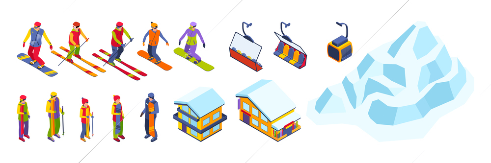 Ski resort isometric color set of  people moving down from mountain on skis and snowboards isolated vector illustration