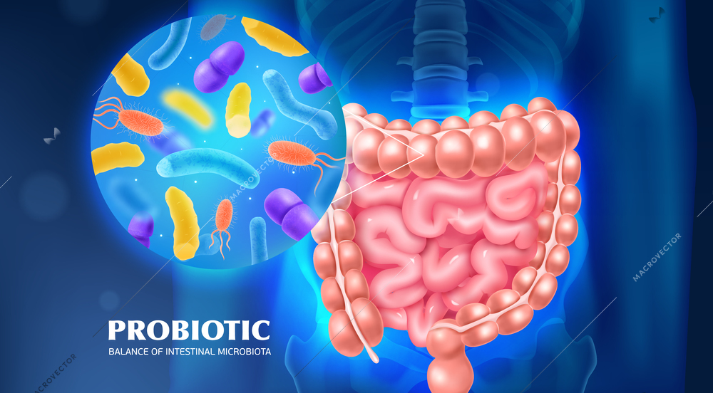 Probiotic as tool for balance of intestinal microbiota advertising background realistic vector illustration