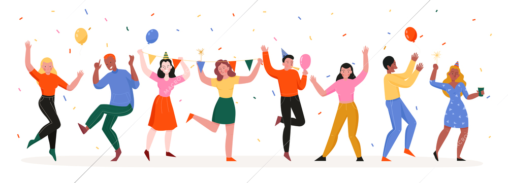 Mass event colored illustration with group of funny young people dancing together on holiday party vector illustration